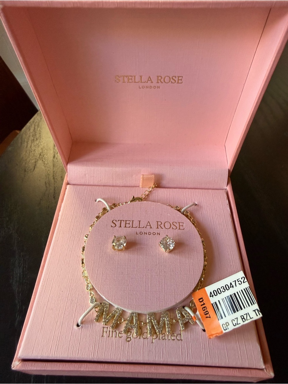 Gold-Plated 'MAMA' Necklace with Crystal Stud Earrings